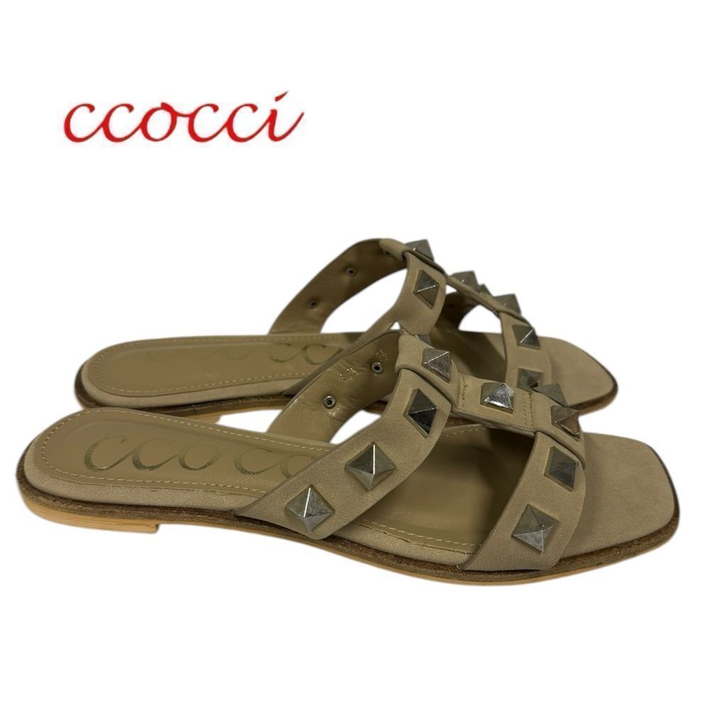 New Ccocci Minerva Taupe Gold Studded Slide Sandals 7.5